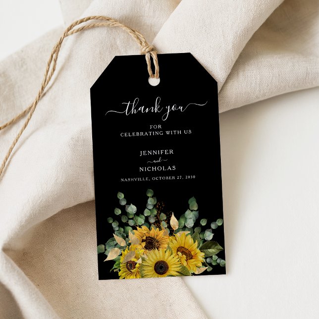 Eleganta svarta blommiga solrosbröllop  presentetikett (Elegant Black Floral Sunflowers Wedding Gift Tags)