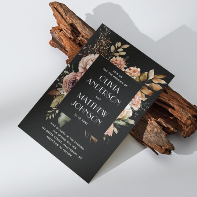 Eleganta svarta bröllops-QR-koddetaljer med höstbl Inbjudningar (Skapare uppladdad)