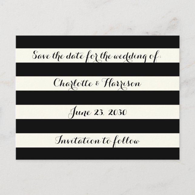 Eleganta svarta elfenbensränder Bröllop Spara datu Helg Vykort (Framsida)