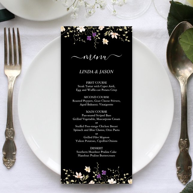 Eleganta svarta färgglada vilda blommor blomsterbr meny (Elegant black colorful wildflowers wedding menu adds vibrant charm to reception dining experience)