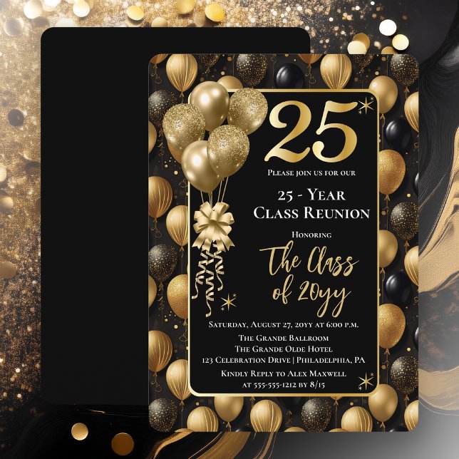 Eleganta svarta guld ballonger 25-års klassåterträ inbjudningar (Elegant 25 Year Black and Gold Tone Faux Glitter Balloons Class Reunion Invitations)