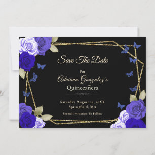 Eleganta svarta guld blå rosor Quinceanera Spara Datumet