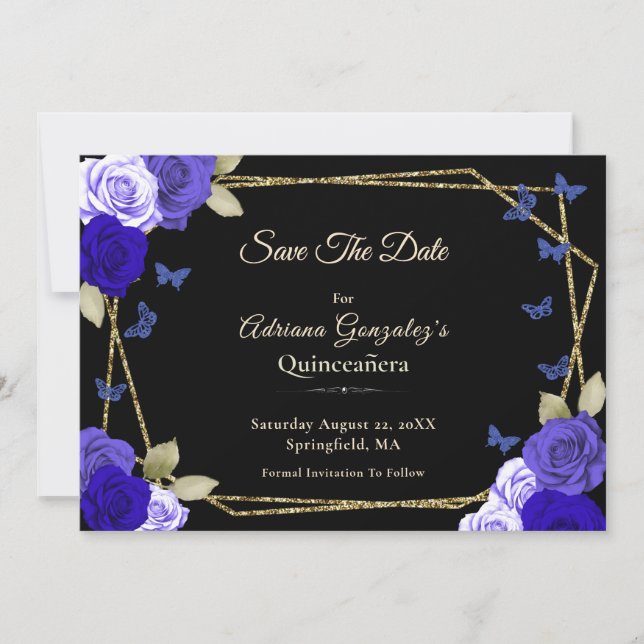 Eleganta svarta guld blå rosor Quinceanera Spara Datumet (Framsida)