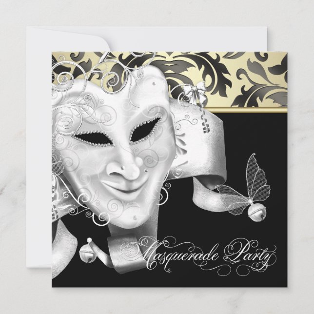 Eleganta svarta guldfärgade maskeradfest-inbjudnin inbjudningar (Framsida)