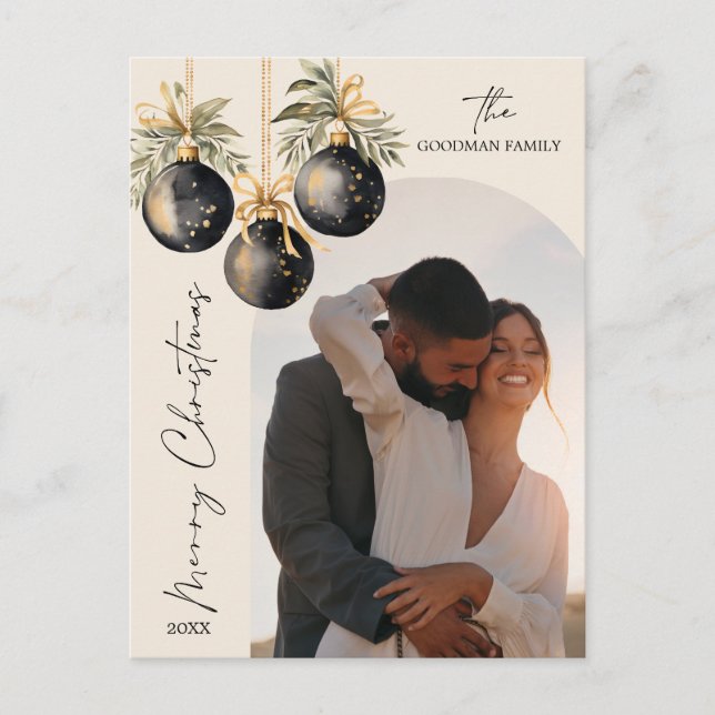 Eleganta svarta guldförgyllda ornament valv fotogr helg vykort (Framsida)