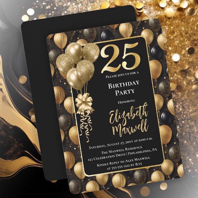Eleganta svarta guldglittrande ballonger 25-årsdag inbjudningar (Elegant Black Gold-Tone Faux Glitter Balloons Pattern 25th Birthday Party Invitation 
Print Digital)