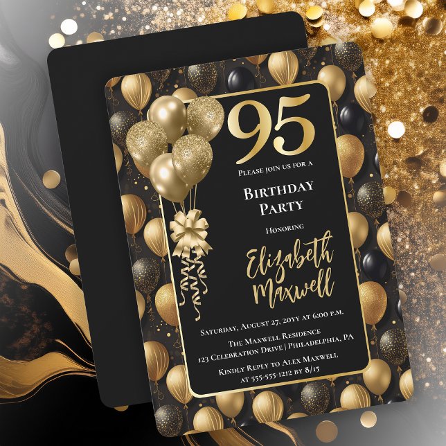 Eleganta svarta guldglittrande ballonger 95-årsdag inbjudningar (Elegant Black Gold-Tone Faux Glitter Balloons Pattern 95th Birthday Party Invitation 
Print Digital)
