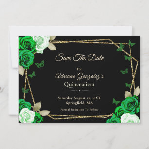 Eleganta svarta guldgröna rosor Quinceanera Spara Datumet
