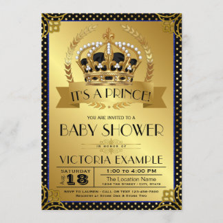 Eleganta svarta guldläge prinsens baby shower-inbj inbjudningar