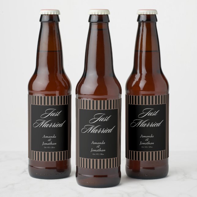 Eleganta svarta och bruna randiga bröllop ölflaska etikett (Flaskor)