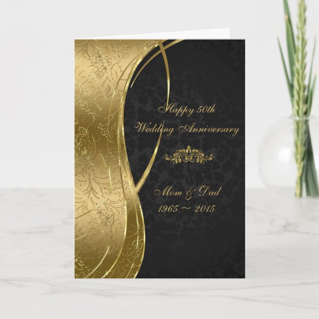 Eleganta svarta och guld damastmönster kort (Framsida)