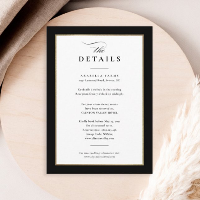 Eleganta svarta och gyllene bröllopsdetaljer tilläggskort (Elegant black and white wedding invitation details enclosure cards.)