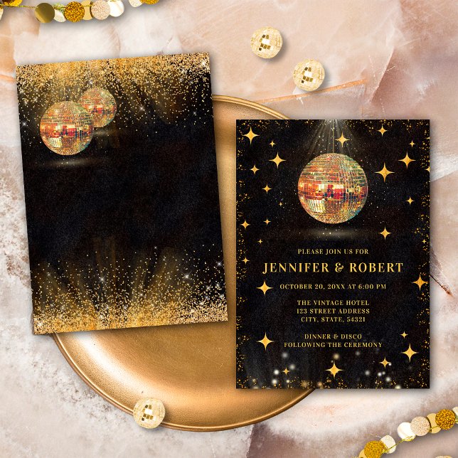 Eleganta svarta och gyllene glitter disko bollar b inbjudningar (Skapare uppladdad)