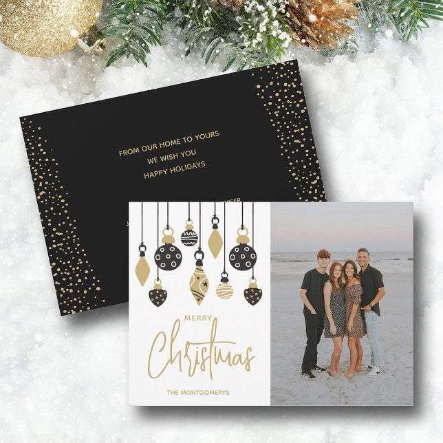 Eleganta svarta och gyllene julgransprydnader julkort (Black and gold Christmas tree ornaments photo greeting cards, PRINTED and/or INSTANT DOWNLOAD)