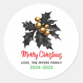 Eleganta svarta och gyllene julgransprydnader runt klistermärke