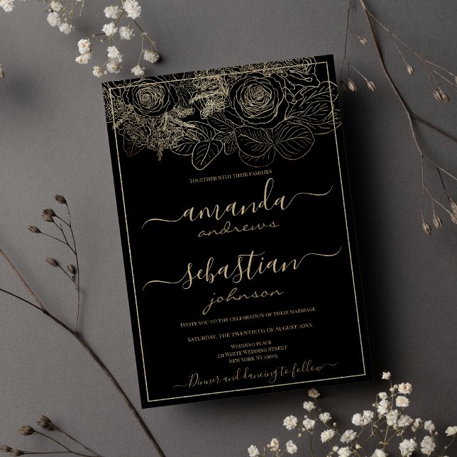 Eleganta svarta och gyllene rosor blomsterbröllop inbjudningar (Classy black and gold roses floral wedding invitation)