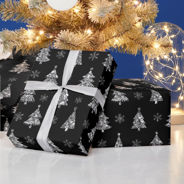 Eleganta svarta och silverglittrande julgranar presentpapper (Helgdagar)