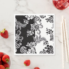 Eleganta svarta och vita blommiga festservetter pappersservett