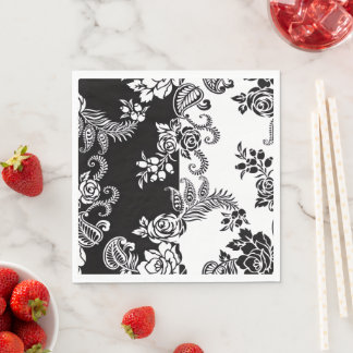 Eleganta svarta och vita blommiga festservetter pappersservett