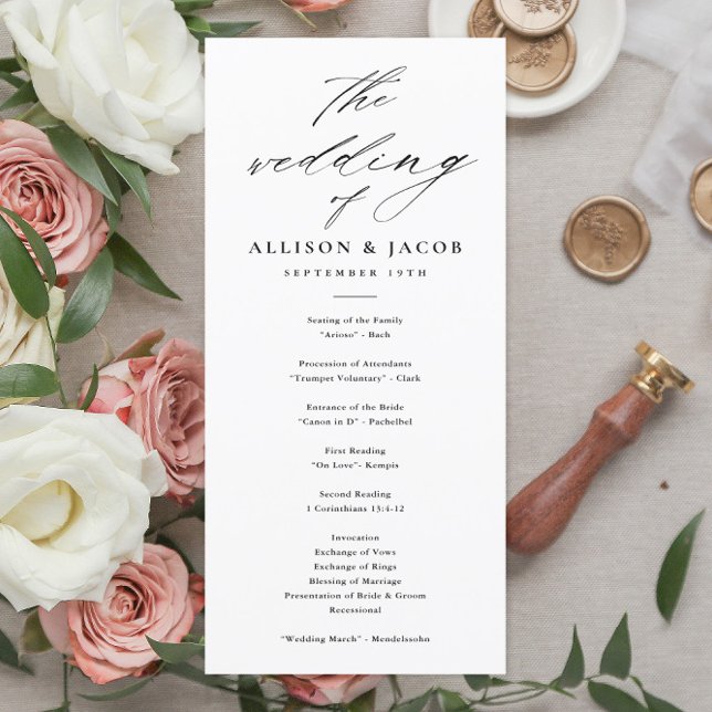 Eleganta svarta och vita bröllopsprogram med skriv (Elegant Script Black and White Wedding Program.)