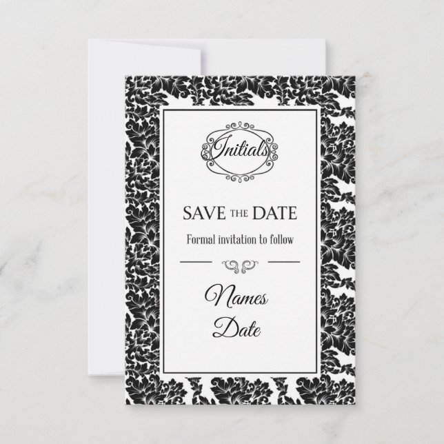 Eleganta svarta och vita Damaskus "Save the Date"- Spara Datumet (Framsida)
