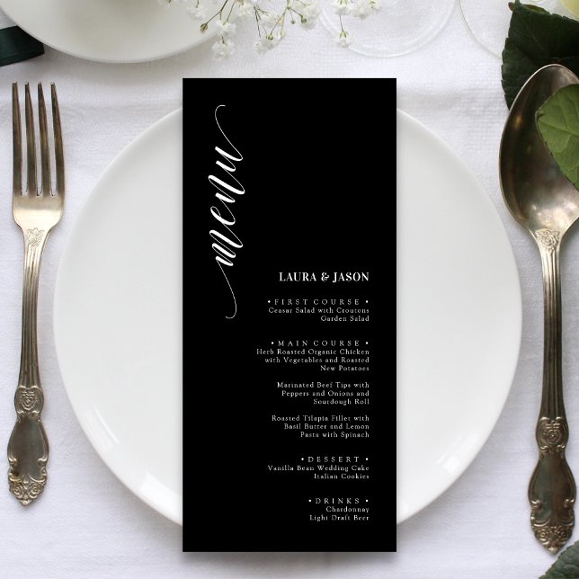 Eleganta svarta och vita menykort för bröllop meny (Elegant black and white wedding menu cards add timeless sophistication to each place setting)