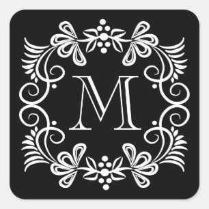 Eleganta svarta och vita monogrammärkningsetikette fyrkantigt klistermärke