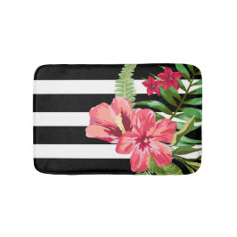 Eleganta svarta och vita ränder med blommor badrumsmatta
