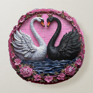 Eleganta svarta och vita svanar med krona rund kudde