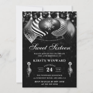 Eleganta svarta och vita vinterkulor Sweet 16 Inbjudningar
