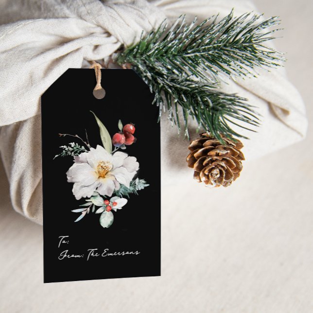 Eleganta svarta presentkort för högtider presentetikett (Elegant Holiday Black Photo Merry Christmas Gift Tag Message Watercolor Berries Floral Boho Chic)