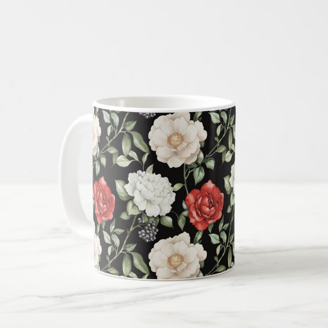 Eleganta svarta röda vita blommor kaffemugg (Framsida vänster)