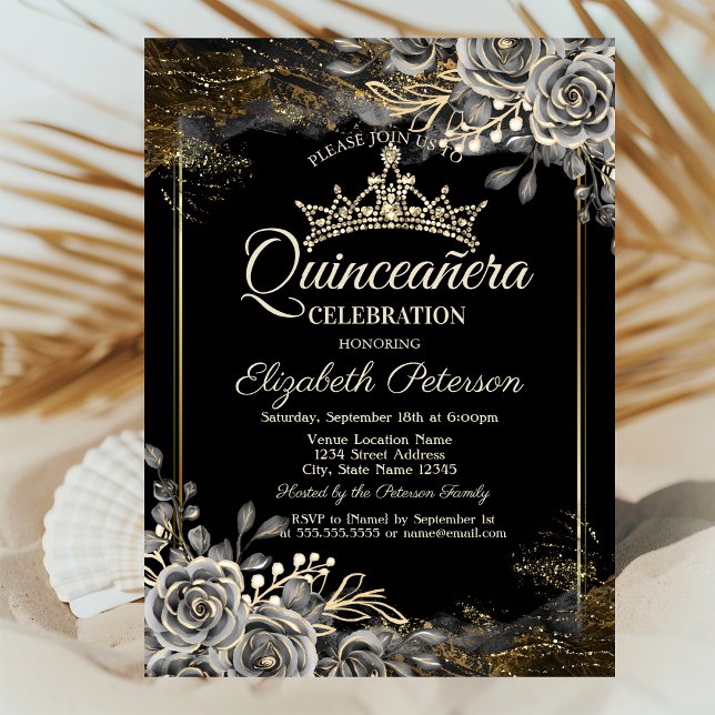 Eleganta Svarta Rosor Gotisk Quinceañera Inbjudningar (Skapare uppladdad)