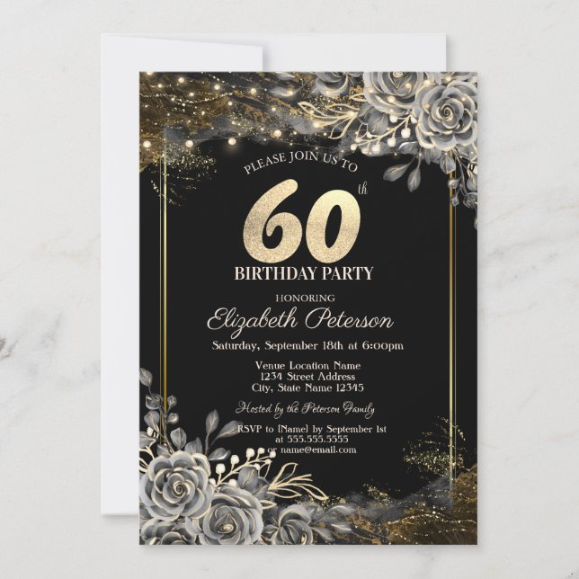 Eleganta Svarta Rosor, Ljus Svart 60-årsdag Inbjudningar (Framsida)