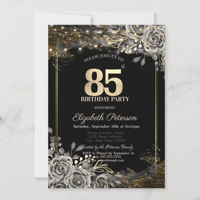 Eleganta Svarta Rosor, Ljus Svart 85-årsdag Inbjudningar (Framsida)