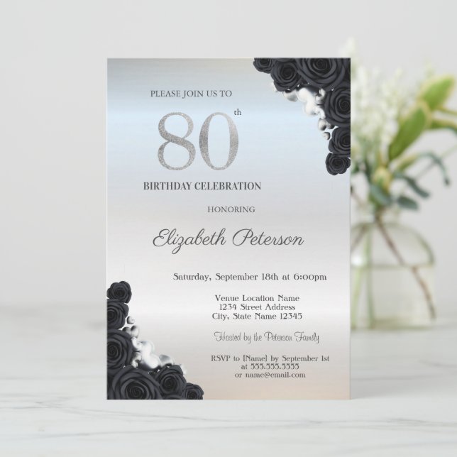 Eleganta svarta rosor Silver 80-årsdag  Inbjudningar (Stående Fram)
