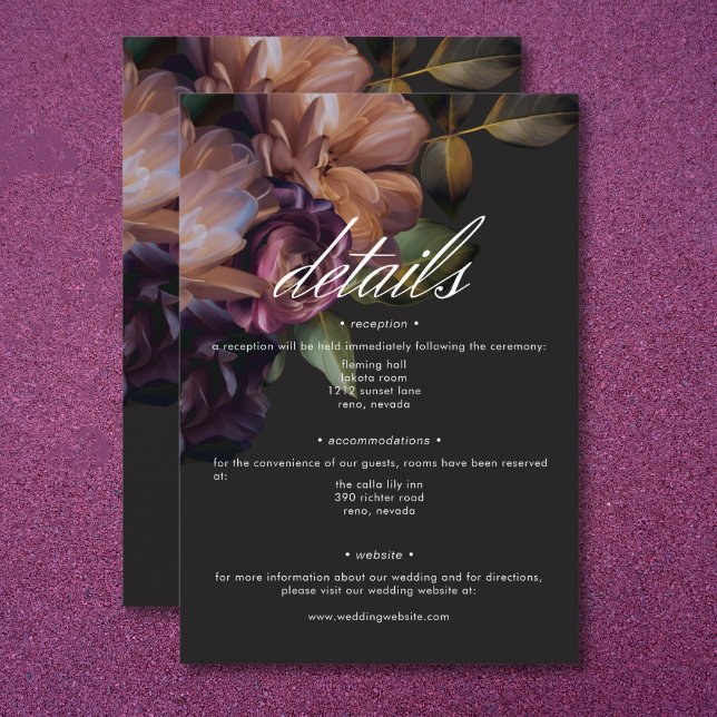 Eleganta svarta stämningsfulla blomdetails till br tilläggskort (Elegant Black Moody Floral Wedding Details Enclosure Card)