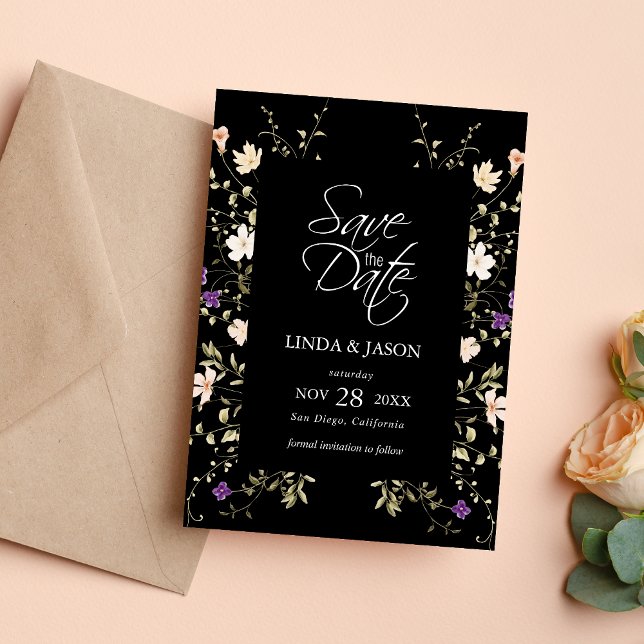 Eleganta svarta vilda blommor Bröllop Spara datum Inbjudningar (Elegant black wildflowers wedding save the date invitation sets a timeless tone for your celebration)