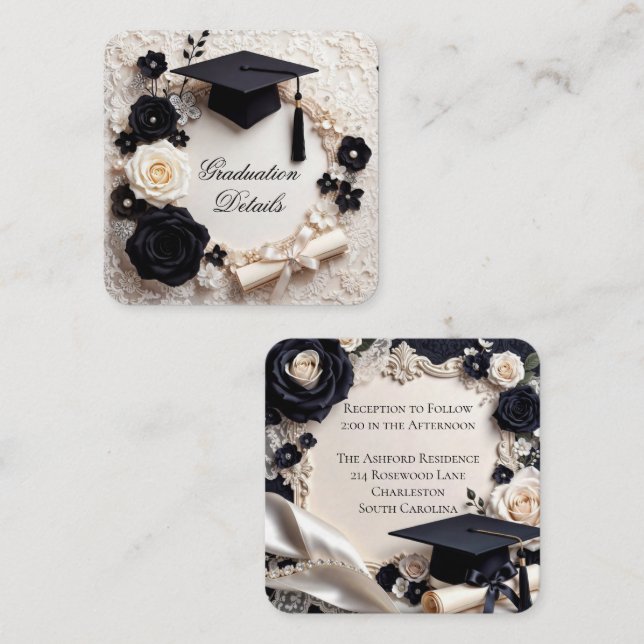 Eleganta svarta vita detaljer för examen i kuvert tilläggskort (Fram/baksida)