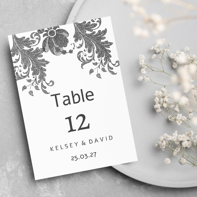 Eleganta svarta vita glitter blommig spets Bordsko Inbjudningar (Chic black white glitter floral lace Table Numbers)