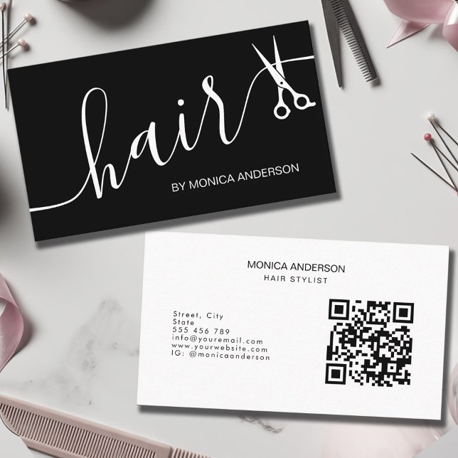 Eleganta svarta vita hår sax QR-kod Visitkort (Elegant Black White Hair Script Scissors QR Code Business Card)