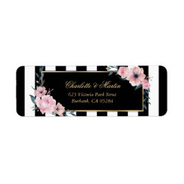 Eleganta svarta vita randiga rosa blomsetiketter returadress etikett