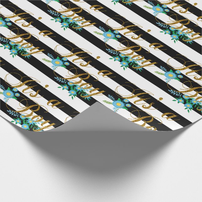 Eleganta svartvita randar med blåttblommigt presentpapper (Hörn)