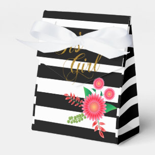 Eleganta svartvita randar med rosa blommigt presentaskar