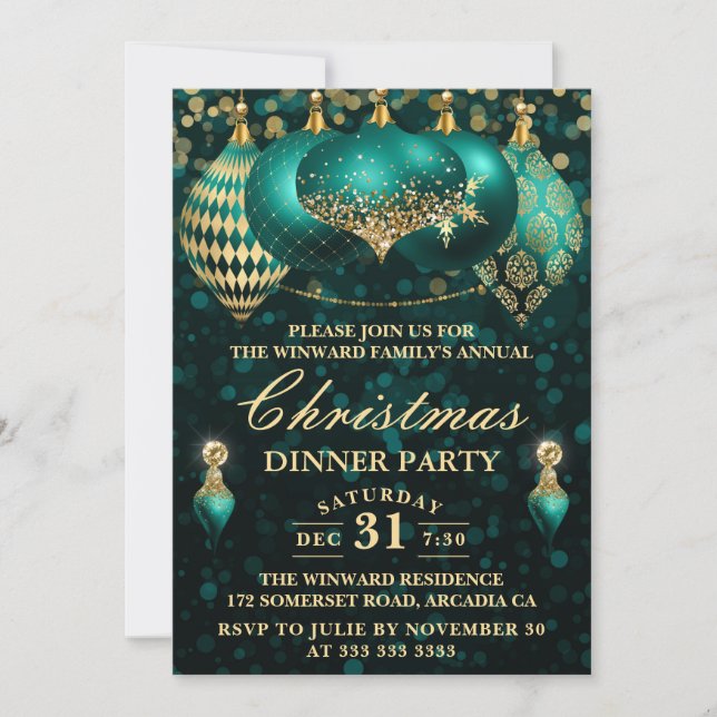 Eleganta Teal & Guld Baubles Jul Dinafton Inbjudningar (Framsida)