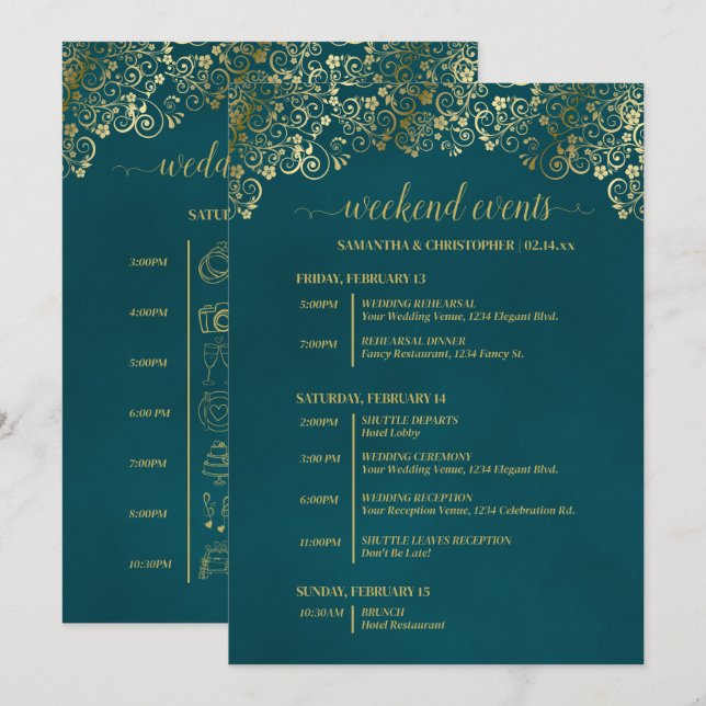 Eleganta Teal & Guld Bröllopsevenemang & Tidslinje Program (Fram/baksida)