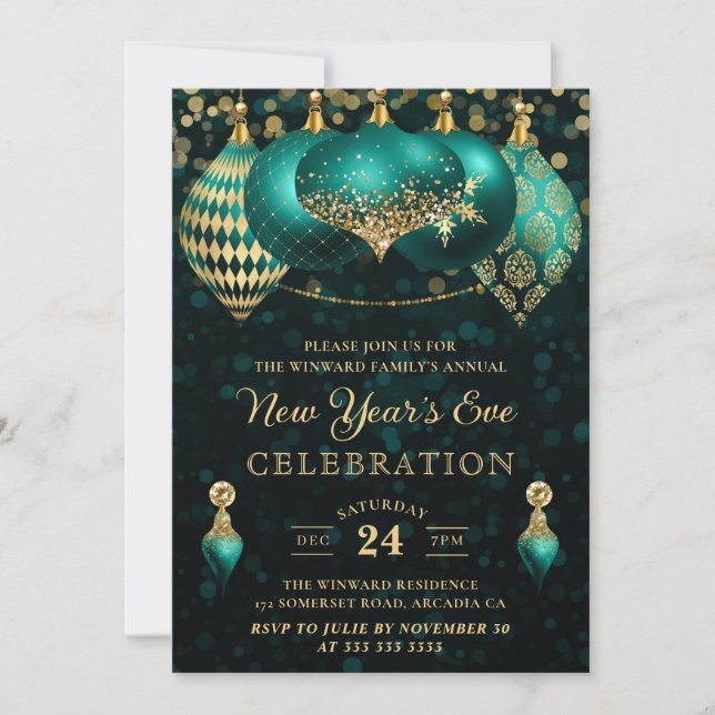 Eleganta teal & guld vinterkulor nyårsafton inbjudningar (Framsida)