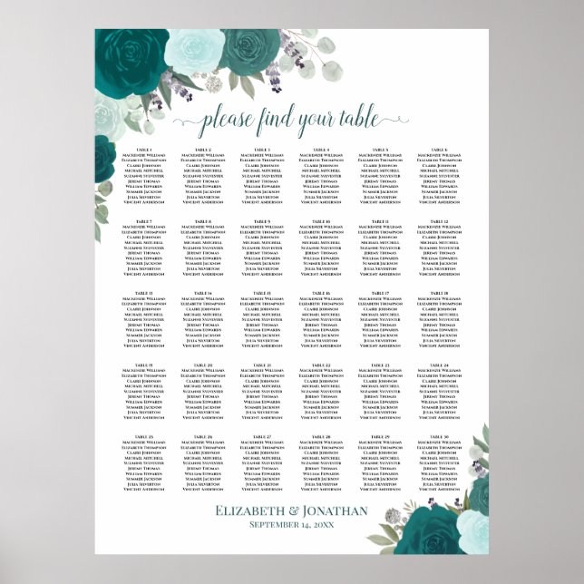 Eleganta Teal Rosor 30 Bord Bröllopsställning Poster (Framsidan)