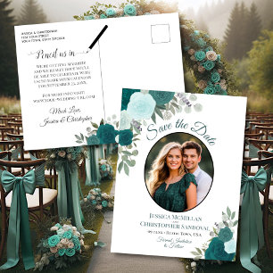 Eleganta teal rosor & foto bröllop spara datum meddelande vykort