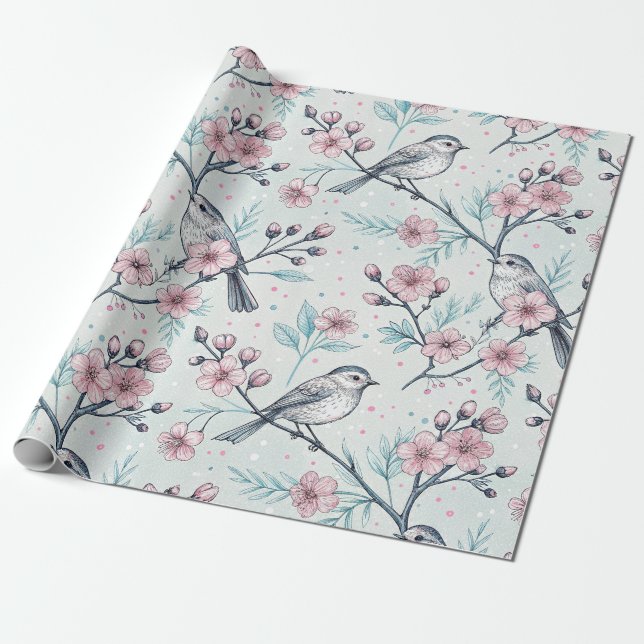 Eleganta tealfåglar Rosa körsbärsblommor Presentpapper (Utrullad)